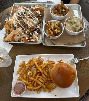 Loaded Nachos, Shrooms and Grits Flight, and Smokehouse burger!  at Mo' Brunch + Brews in Houston