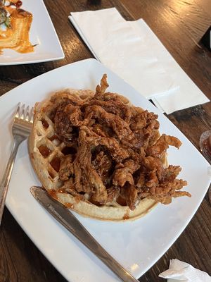 Hot honey (agave) shrooms & waffle. Amazingly crispy mushrooms and fluffy waffle - will be returning just for this!  at Mo' Brunch + Brews in Houston