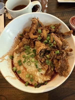 Hot honey “shrimp” and grits  at Mo' Brunch + Brews in Houston