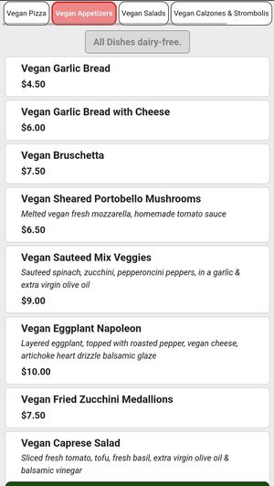 Some vegan appetizers from online menu at Little Italy in Washington