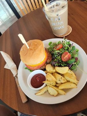 Burger with potato wedges  at Eat Drink Vegan in Busan