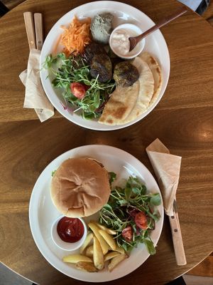 Falafel platter and burger  at Eat Drink Vegan in Busan