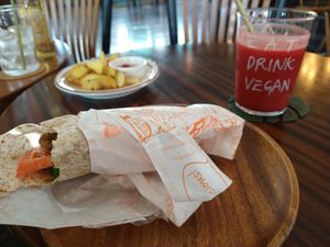 Vegan chicken wrap, 'french fries' and abc-smoothie at Eat Drink Vegan in Busan