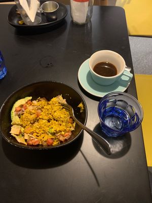 Vegan migas  over roots! at Try Hard Coffee Roasters in Austin