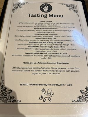 Evening menu  at Pinch in South West London