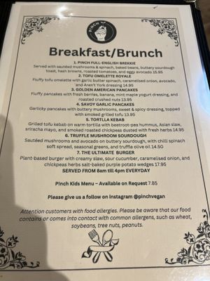 Early menu  at Pinch in South West London