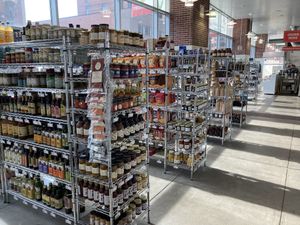 Aisles of the the market. Lots of vegan snacks and products at Public Market Cafe in Wheeling