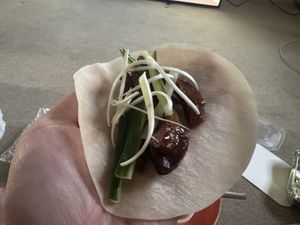 A shot of a fully assembled duck pancake   at Miss Li's Kitchen Chinese & Malaysian Takeaway in Wednesbury