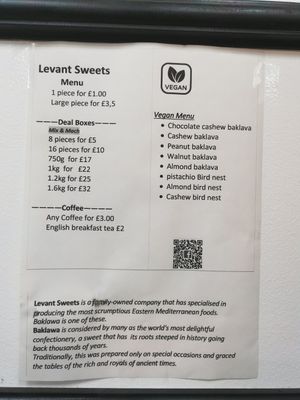 Vegan menu at Levant Sweets in Edinburgh