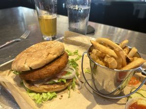 Fried falafel patty with fries  at BRGR Bar in Portsmouth