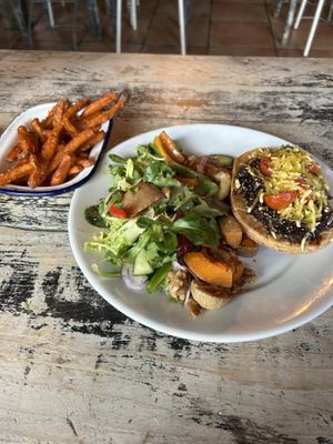 Vegan onion tart with a side of sweet potato fries   at De Koffie Pot in Hereford