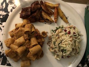 3-course menu: shaved salad, curry tomato pasta, seitan masala special.  at Brac Libreria di Arte Contemporanea in Florence