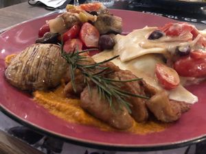 Vegan 3 course menu. Aubergine salad, ravioli with Aubergine (eggplant) filling with tahini dressing and seitan tikka masallah. So good! at Brac Libreria di Arte Contemporanea in Florence