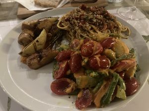 1. Cherry tomatoes, green bean, potatoes pesto salad - 2. spaghetti with sun dried tomatoes and parsley (spicy) - 3. seitan masala  at Brac Libreria di Arte Contemporanea in Florence