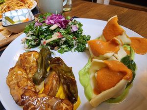 Tempeh, tortellini and the first vegan salad on list. at Brac Libreria di Arte Contemporanea in Florence