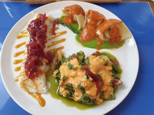 Rice flour crepe with potatoes and onions; tortellini with potatoes and spicy tomato sauce, potato pesto salad €18 at Brac Libreria di Arte Contemporanea in Florence