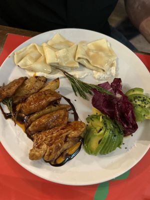 Plum ravioli, seitan, avocado salad   at Brac Libreria di Arte Contemporanea in Florence