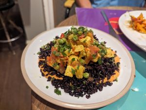 Gazpacho sauce, black rice, tofu, peas at Brac Libreria di Arte Contemporanea in Florence