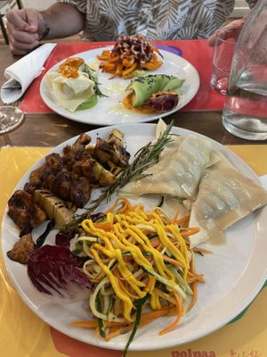  Front: Cruda salad, agnolotti, and seitan masala - would recommend all 3. Back: avocado tartar (just okay), tortellini (recommend), patata (just okay)   at Brac Libreria di Arte Contemporanea in Florence