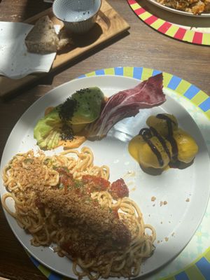 Avocado carpaccio, pasta alla chitarra and kofta  at Brac Libreria di Arte Contemporanea in Florence