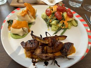 Combo plate: tortelloni, seitan Marsala, and a saladd  at Brac Libreria di Arte Contemporanea in Florence