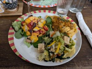 Village salad, Tagliatelle and Tempeh at Brac Libreria di Arte Contemporanea in Florence