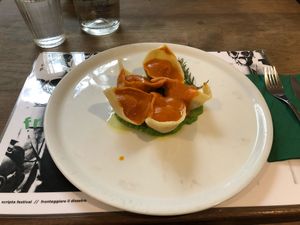 Potato and ginger tortellini (with tomato sauce) at Brac Libreria di Arte Contemporanea in Florence