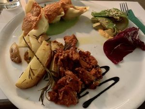 Tofu stuffed tortellini, Seitan Marsala, and avocado salad- all incredible  at Brac Libreria di Arte Contemporanea in Florence