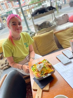 Vegan nachos with pulled jackfruit, cheddar, tomatoes and spring onions at Kattencafé Familie Snorhaar in Breda