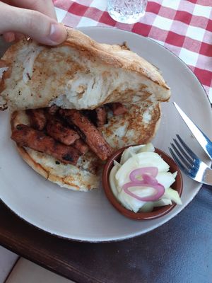 Vegan čevapi. The only thing I missed was some ajvar and thats how you can tell they are what they are supposed to be. I ate all the onion that goes with it too. at Rustika in Osijek