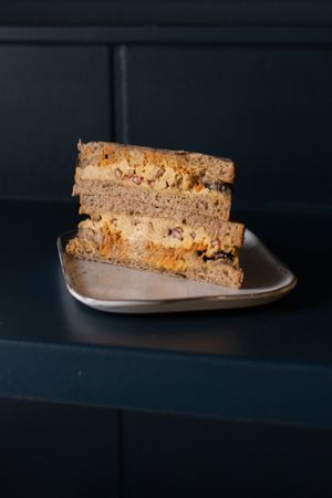 Vegan sandwich with homemade hummus, grilled eggplant, roasted pine seeds, pomegranate and grated carrots at Bean Fifteen Espressobar in Berlin