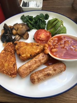 Vegan full English; vegan sausages, hash browns, grilled tomato, mushrooms, beans, sliced avocado & spinach at The Egg & Spoon in Filey