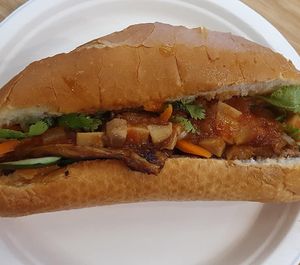 Vegan BBQ Baguette. 
Photo by Sam Lama at Naked Earth Cafe in Central Singapore