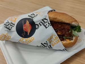 BBQ baguette with plant based egg. 
 at Naked Earth Cafe in Central Singapore