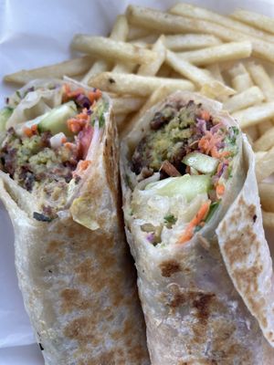 Falafel wrap with a side of fresh fries .  at Sultan Mediterranean Grill in Moab