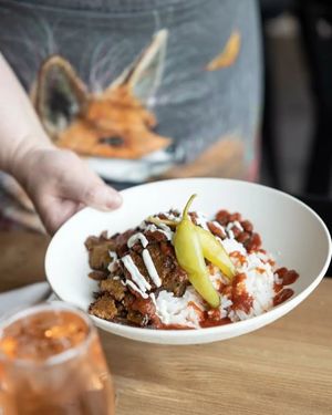 Delicious homemade seitanvebab with rice and homemade sauce at Aurora Holidays in Utsjoki