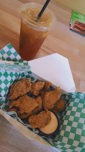 crispy chikun bites w/ house sauce & sweet tea (my go-to order) at Chikun Shak in Mount Brydges