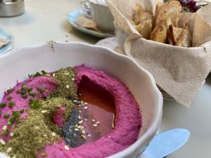 Beetroot Hummus and Toasted breadd  at Wel Well Café in Lisbon