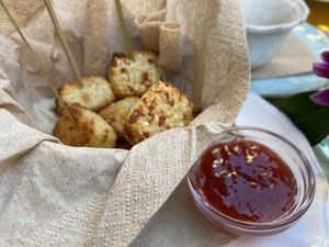 Tapioca dice and pepper chutney (tastes so good!)  at Wel Well Café in Lisbon