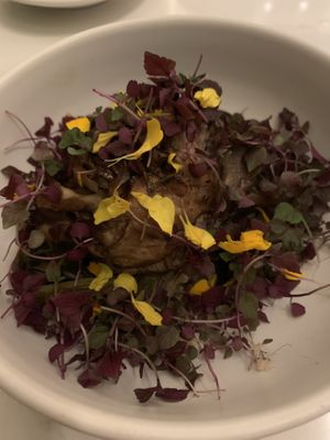 Smoked mushrooms under bed of rainbow greens and served over grits and greens at Liora in Baltimore