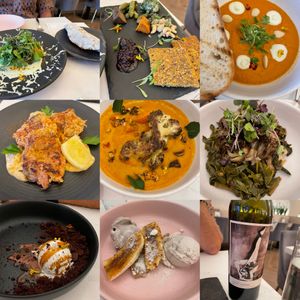 Avocado tikka, cheese plate, gazpacho, crab cakes, curried cauliflower, smoky maitake mushrooms, chocolate caramel crunch, coconut banana pie. at Liora in Baltimore