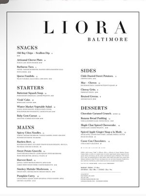 Menu + prices   at Liora in Baltimore