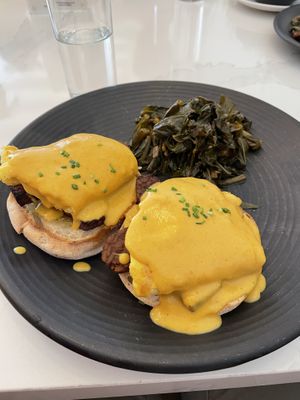 Eggs Benedict with side of greens  at Liora in Baltimore