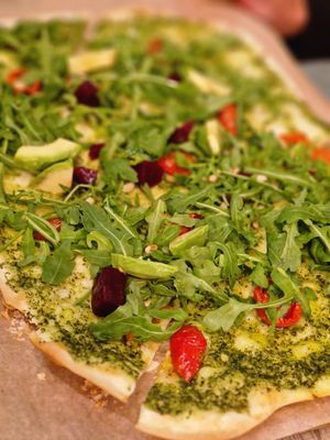 Flammkuchen with pesto, avocado, beetroot and rucola at Lycka in Meilen
