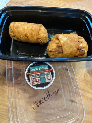 Cheezeburger and Philly cheezesteak egg rolls   at Vegan Bodega in New Britain