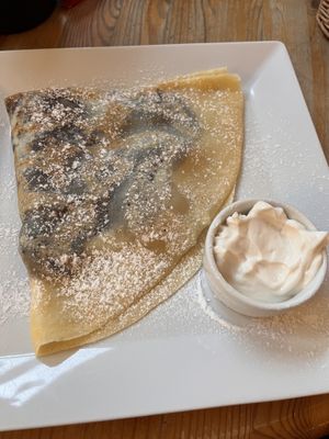 Sweet vegan crepe with chocolate and peach + coconut “sour cream"  at Naleśnikarnia Gramofon in Poznan