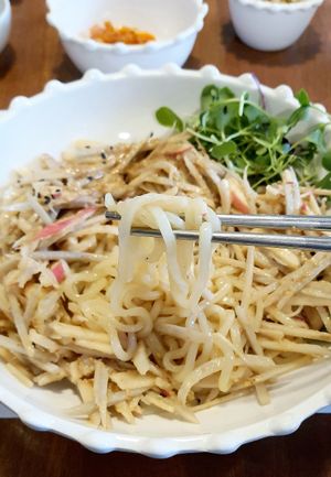 Burdock root noodle salad - close-up at Mothers Table in Seoul