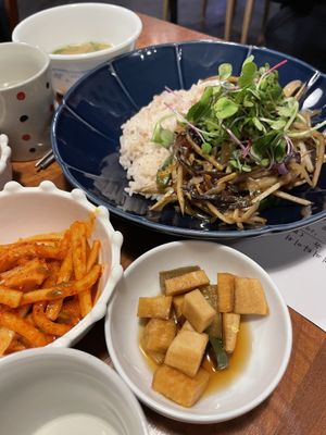 Side dishes plus burdock stir fryy  at Mothers Table in Seoul