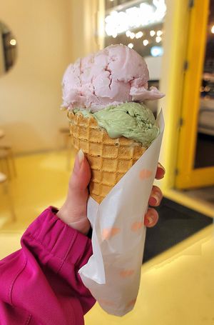 Rosewater Cardamom Almond + Pistachio + Gluten Free Waffle Cone #Veganuary at Kate's Ice Cream in Portland