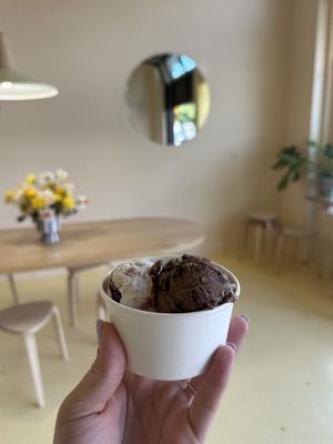 Marionberry cobbler and triple chocolate brownie  at Kate's Ice Cream in Portland